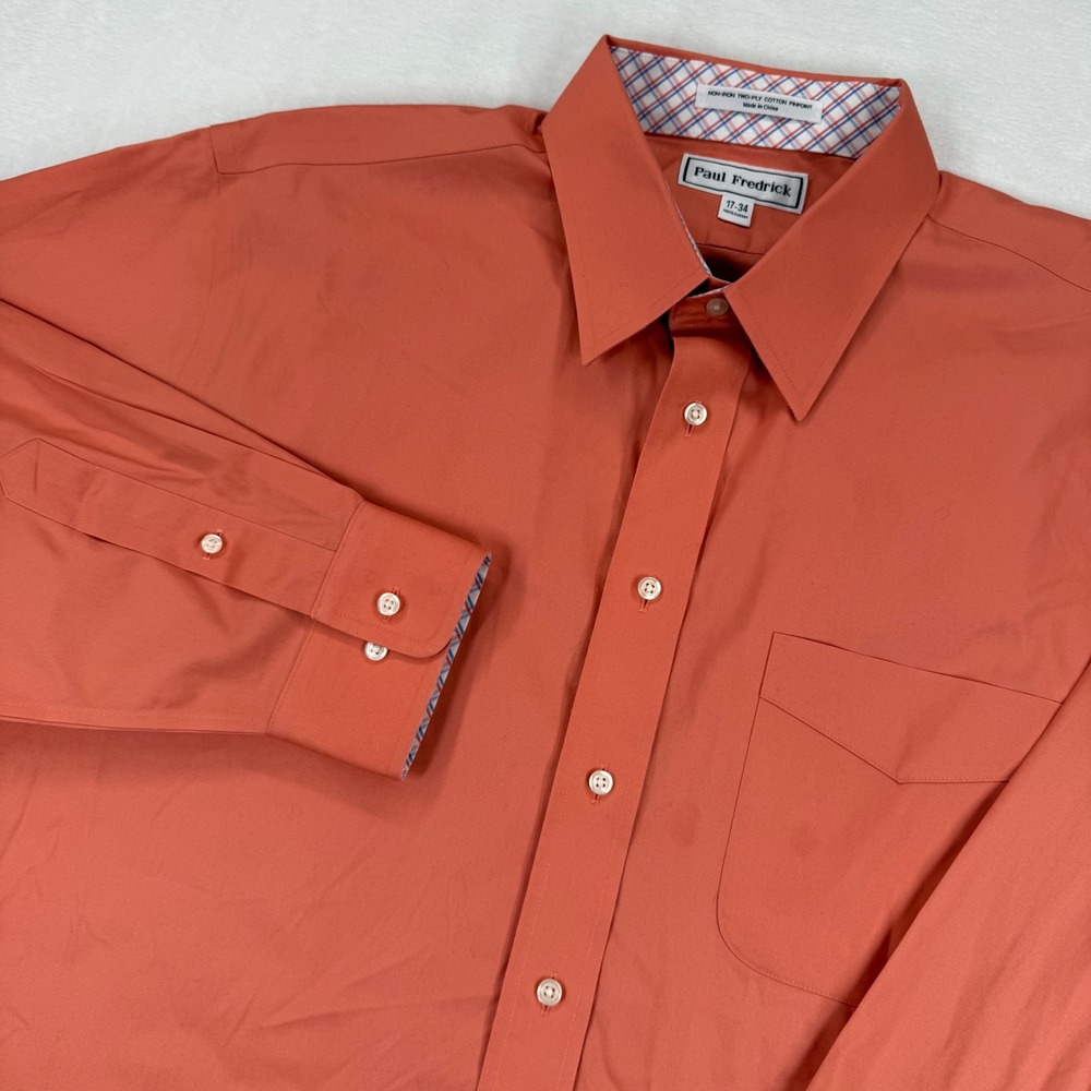 Paul Fredrick Non-Iron‎ Cotton Pinpoint Shirt 17-34 Salmon Orange Button Down